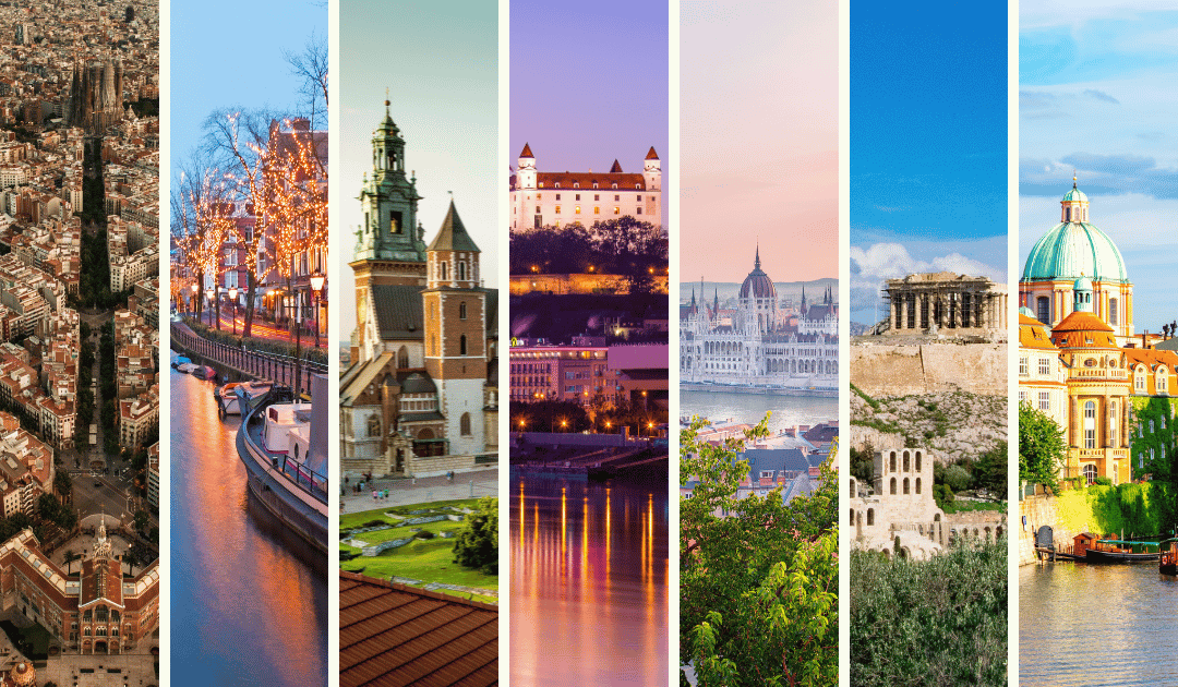 Collage of the 7 best cities in Europe for an Erasmus-style weekend trip: Barcelona, Amsterdam, Krakow, Bratislava, Budapest, Athens and Prague Collage of the 7 best cities in Europe for an Erasmus-style weekend trip: Barcelona, Amsterdam, Krakow, Bratislava, Budapest, Athens and Prague